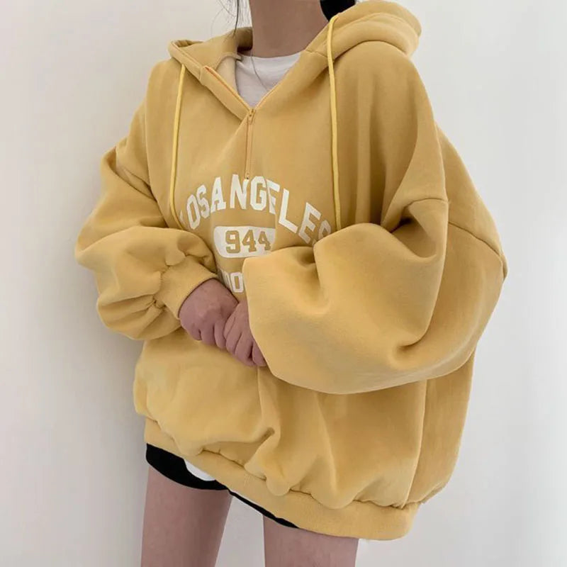 Fashion Letter Print Sweatshirts Women Autumn Winter Loose Preppy Thick Warm Hoodies Harajuku Casual Zipper Hooded Pullovers - reetell