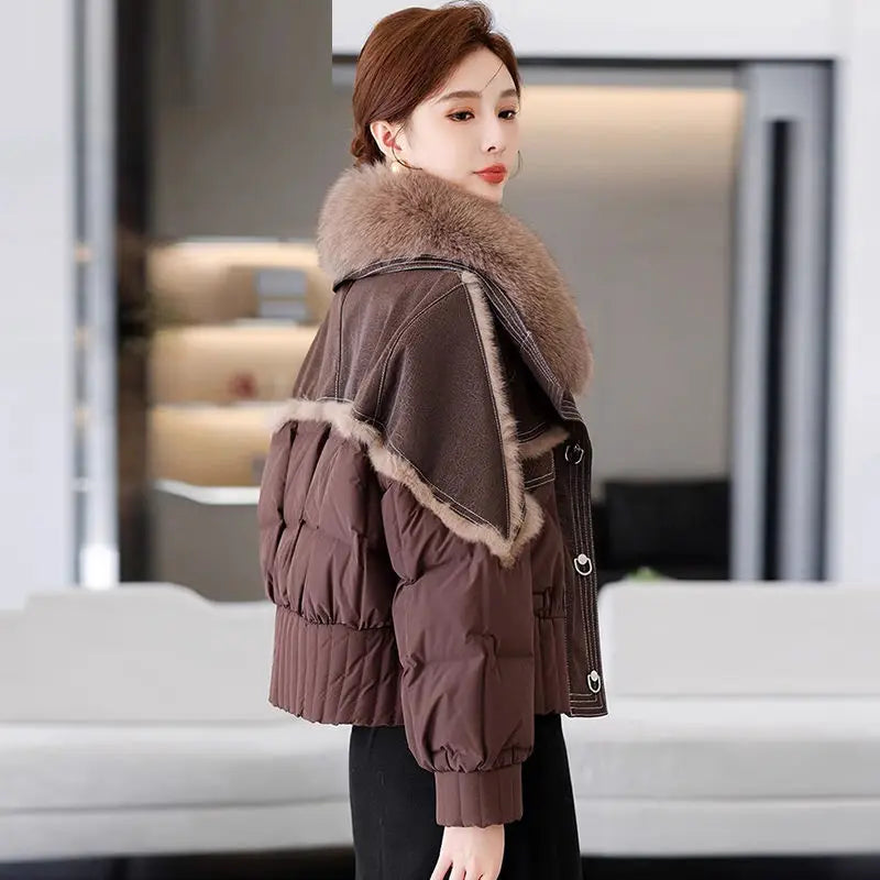 Women's Winter Down Jacket Sheepskin Fabric Fur V-Neck Rabbit Fur Lining Fur Coat Women Warm And Fashionable Jacket - reetell