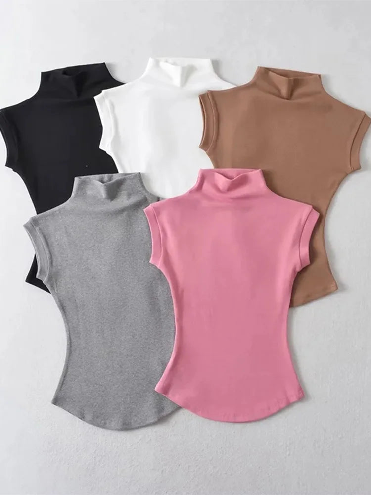 Women Summer Sexy Turtleneck Sleeveless T-Shirts Tops Solid Slim Fit Pullovers Causal Tees Shirts Female Streetwear Basics Tees - reetell