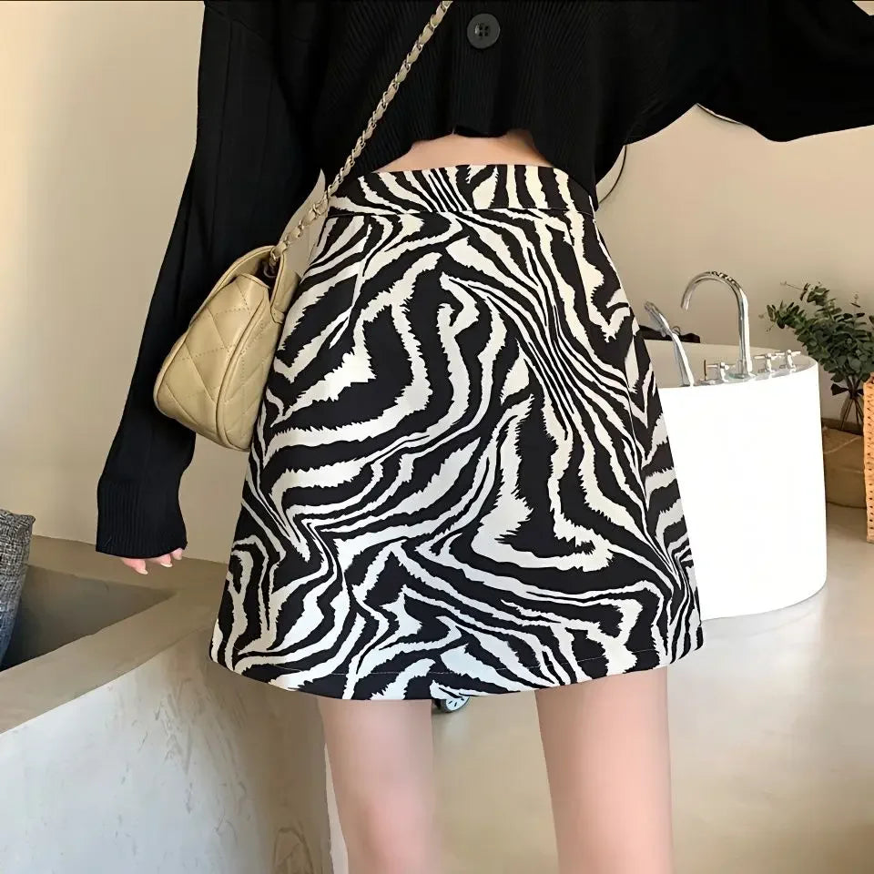 Korean Zebra Print Midi Skirt Women Autumn New Female A-line High Waist Loose Skirts Vintage Mini Skirt - reetell