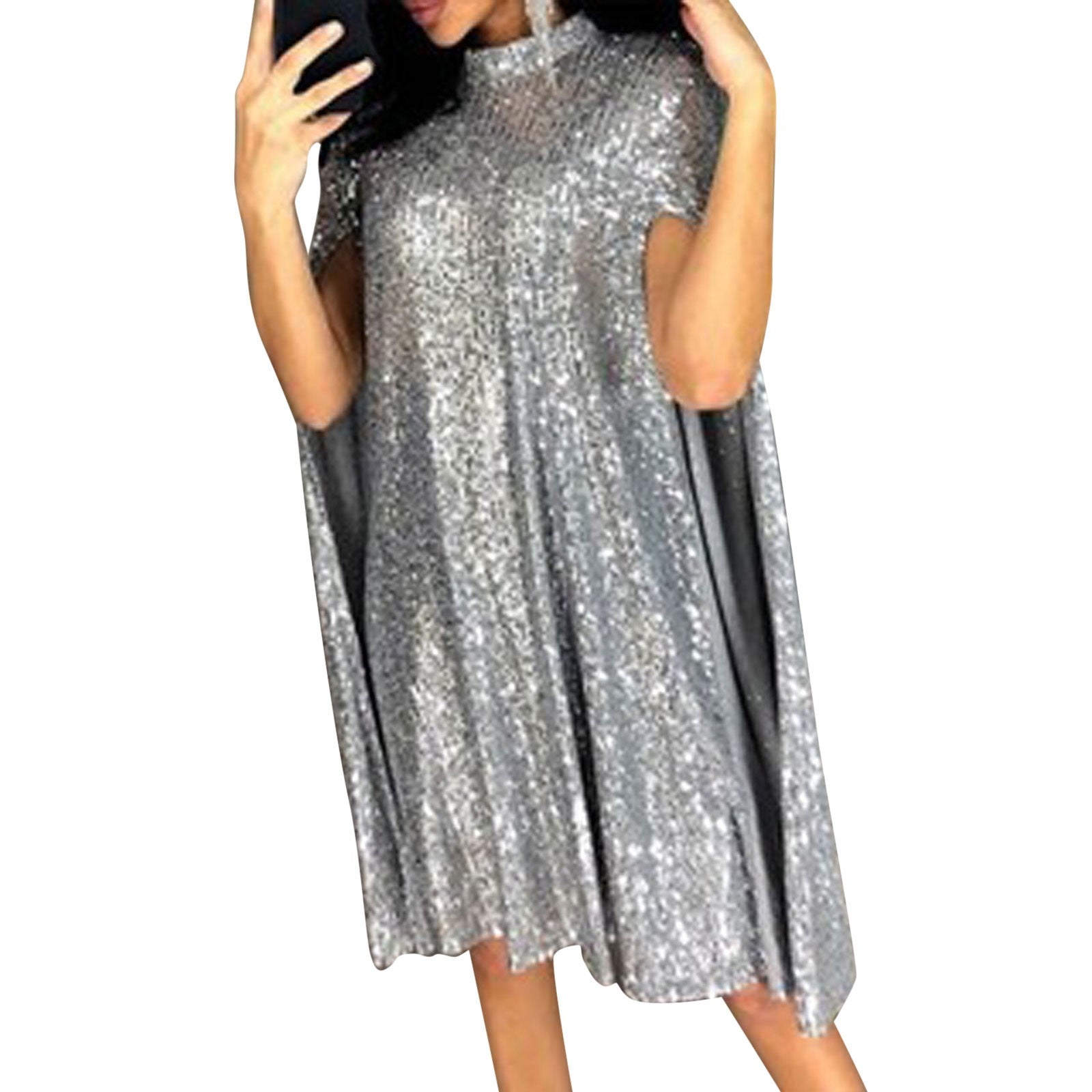 Sequin Party Dresses For Women 2024 Golden Elegant Cloak Sleeve Patchwork Loose Evening Dress Silver Sexy Club Vestidos Female - reetell