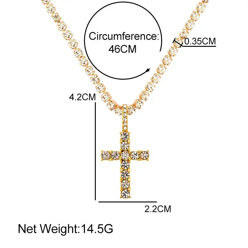 Hip Hop 2pcs Cross Tennis Chain 14MM Prong Cuban Necklace For Men Women Iced Out 2 Row Cuban Link Chain Necklaces Couple Jewelry