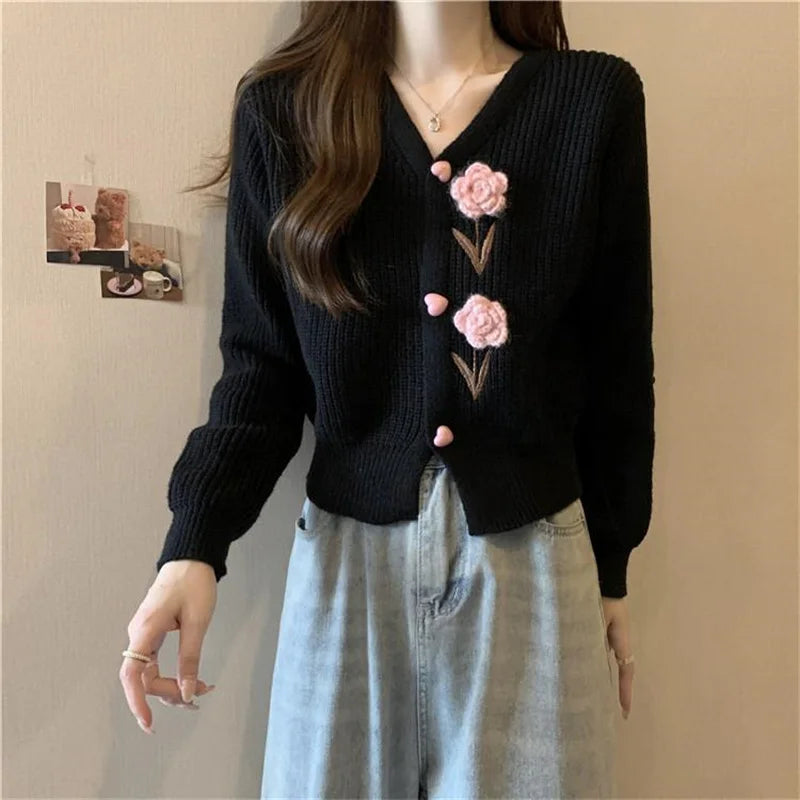 Heavy Industry Beautiful Flowers Knitted Cardigan Sweater Women Slim In Autumn And Winter With Small Cardigan V-neck Short Coat - reetell