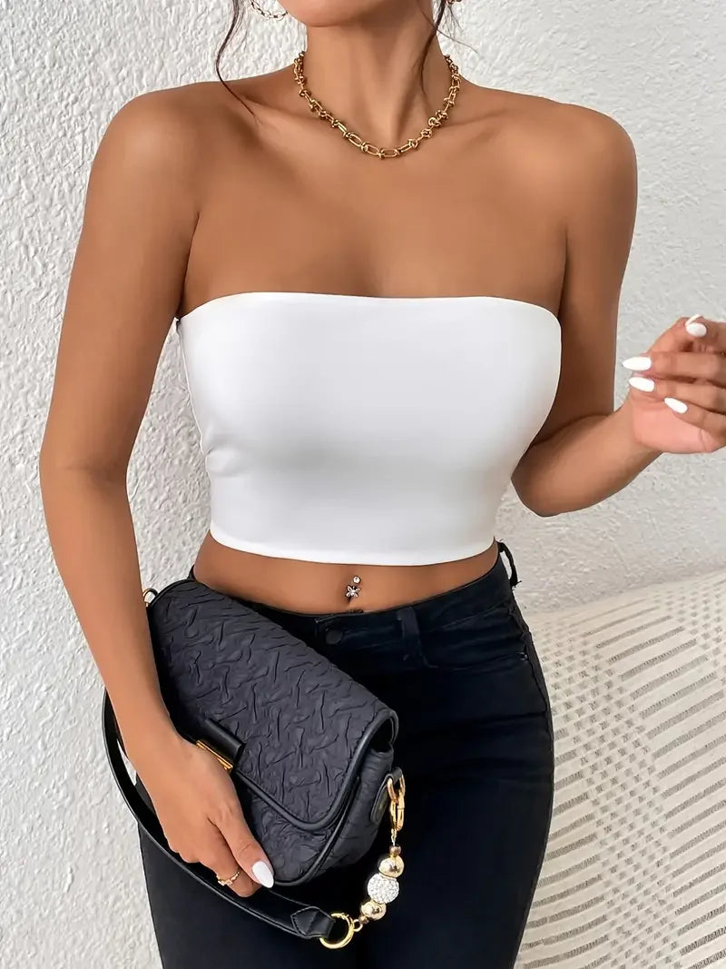 Sexy Bodycon Crop Tube Top, Solid Stretchy Tube Top, Casual Every Day Tops, Women's Clothing - reetell