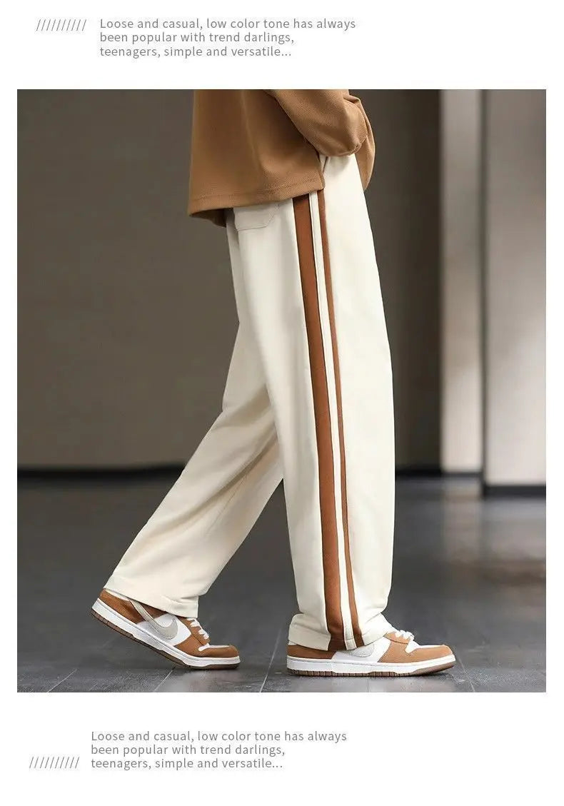 Spring Autumn Elastic Waist Fashion Straight Pants Man High Street Contrast Color Casual Pockets Drawstring All-match Trousers - reetell