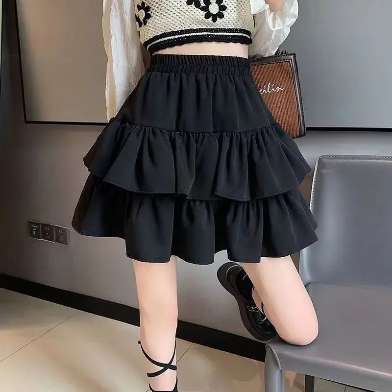 Sweet Cake A-line Skirt Black Women Cute Pleated Puffy Skirt Elastic Waist Preppy Style Solid Color Casual Korean Fashion Casual - reetell