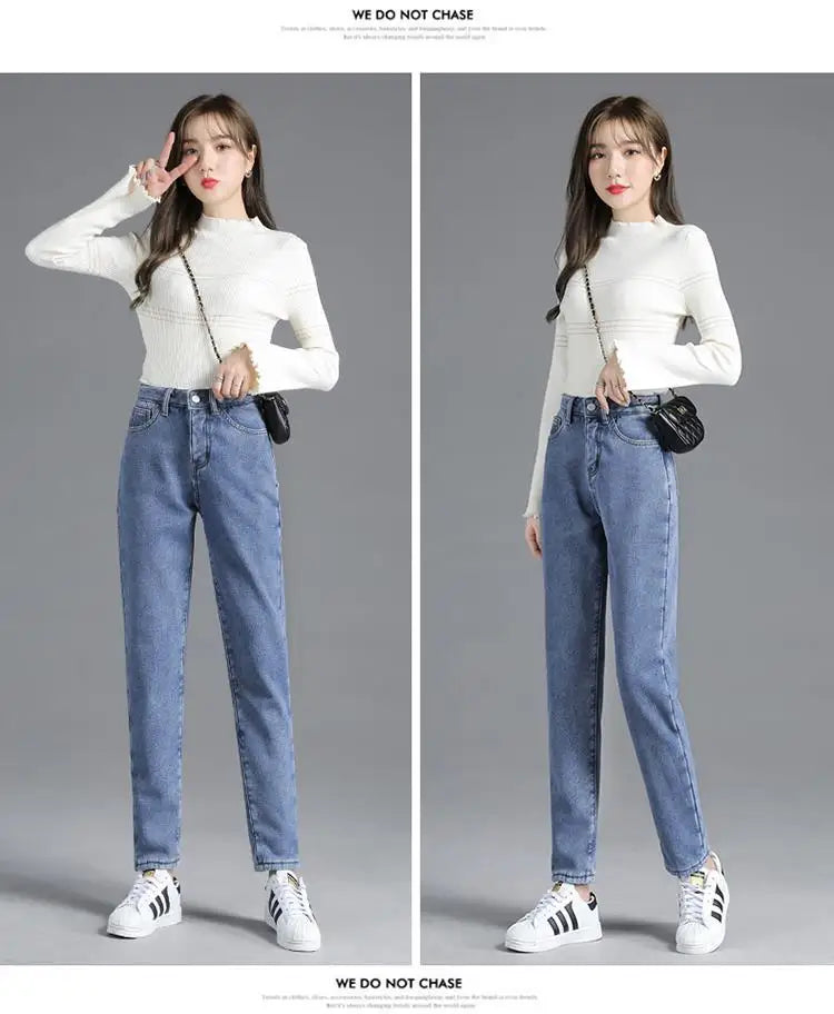 Winter Warm Fleece Jeans Women's High Waist Thick Harlan Straight Denim Pants Plus Size Loose Trousers Lady High Waisted Jeans - reetell