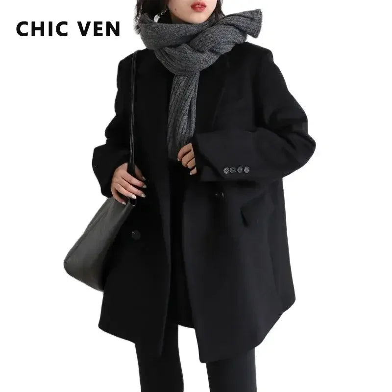 CHIC VEN Women Wool Blend Coat Solid Mid Long Woolen Blazer Thick Warm Blouse Women's Overcoat Office Lady Tops Autumn Winter - reetell