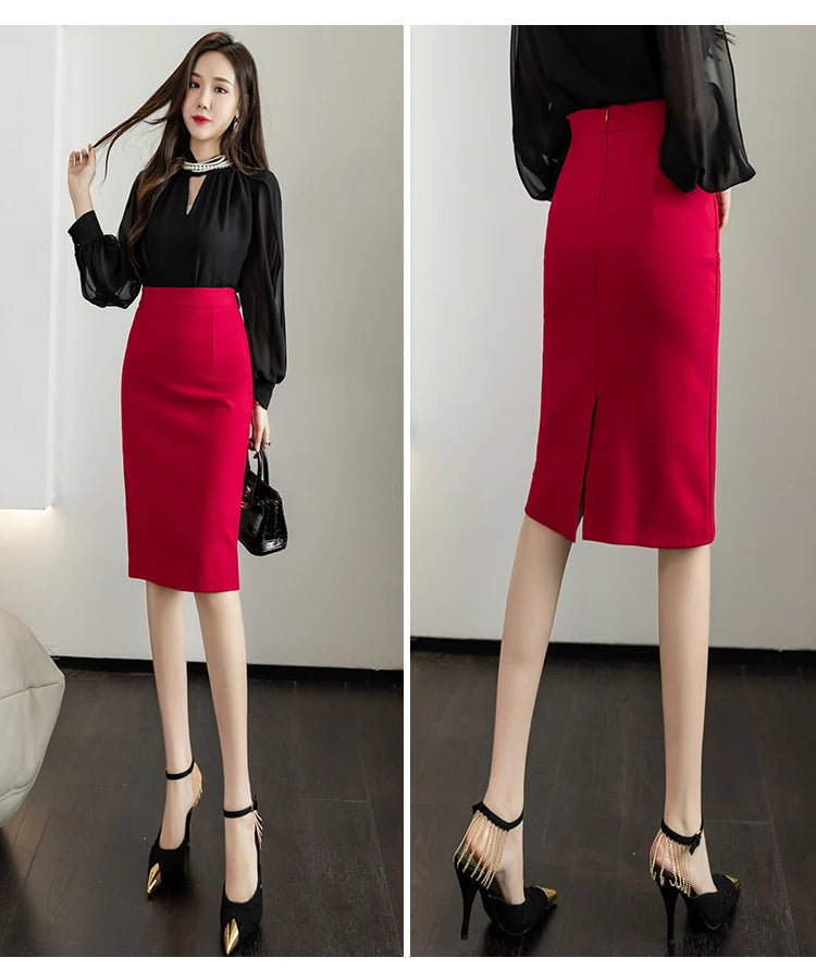 Classic Vintage Gray Red Stretch Pencil Skirts For Women Office Lady Formal Black Midi Skirts Elegant Female Package Hip Skirts - reetell