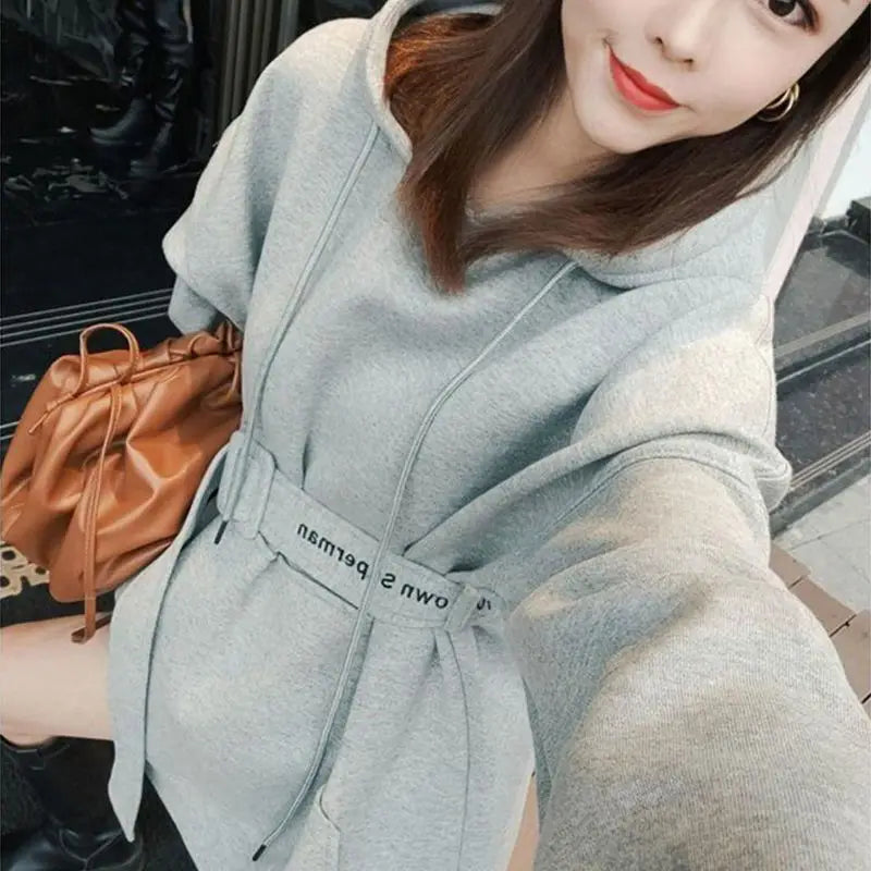 Grey Hoodies Long Loose Hooded Top Baggy Women's Sweatshirt Goth Winter Cold New in Woman Clothing Warm Designer 2000s Thick E S - reetell