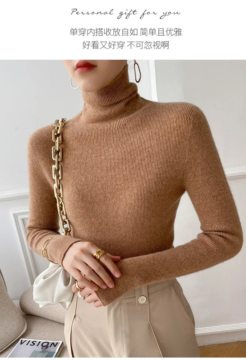 Women Sweater Winter Cashmere Turtleneck Warm Knitwear Korean Casual Solid Bottoming Shirt Fashion Knit Pullovers Brown Sweater - reetell