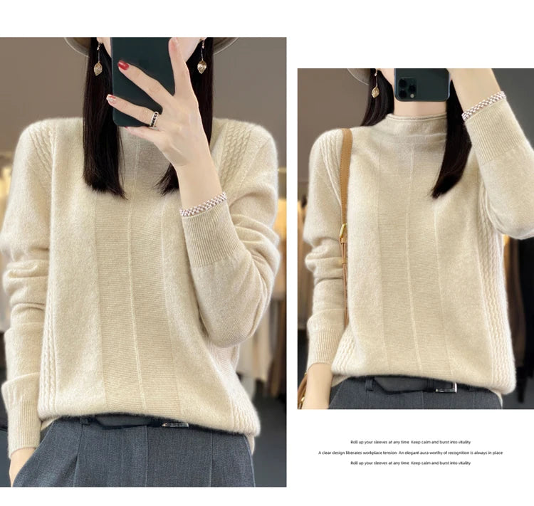 2024 Autumn Winter Women 100% Merino Wool Sweater Striped O-Neck Pullover Knitwear Casual Undershirt Cashmere Clothing Tops - reetell