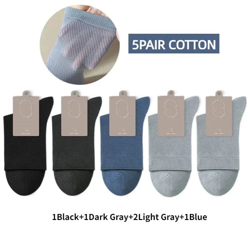 5 Pairs Men High Quality 96% Pure Cotton Socks Antibiosis Business Deodorant Sock Mesh Breathable Male Solid Color Casual Summer