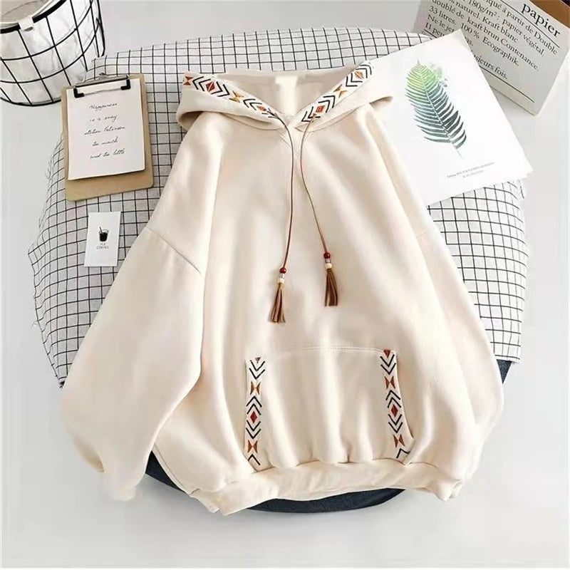 Casual Loose Pullover Hooded Sweatshirt with Drawstring Fashion Chinese Style Long Sleeve Pull Hoodies Women Oversized Jacket - reetell