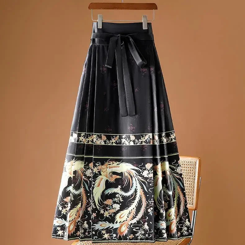 Maxi Chinese Style Horse Face Skirts Women Hanfu Vintage Harajuku Saia Casual Long Print Pleated Skirt Woman Clothing Faldas - reetell