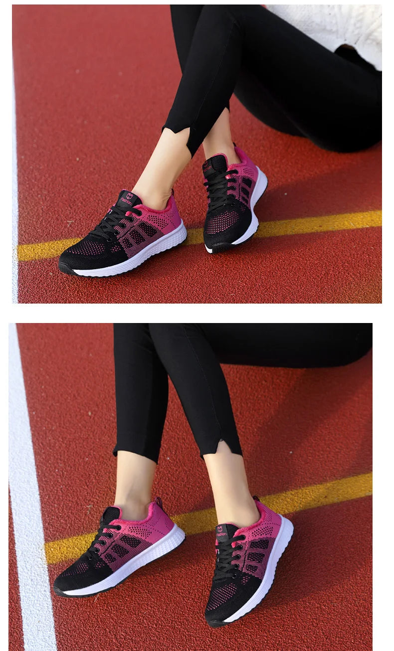 Women Casual Shoes Breathable Walking Mesh Lace Up Flat Shoes Sneakers Women Tenis Feminino Pink Black White - reetell