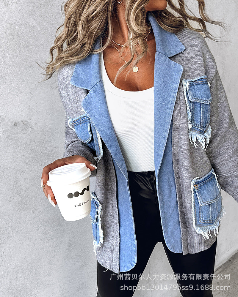 Raw Hem Cardigan Women Sweaters Patchwork Notched Collar Knitted Denim Jackets Jumpers Pockets Thick Coats Autumn Winter Outwear - reetell