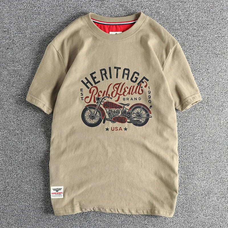 Vintage cotton short sleeve T-shirt Men's Motorcycle Print Summer May Khaki Youth half sleeve tee