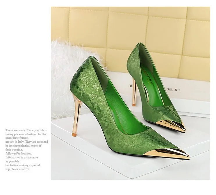 BIGTREE Shoes Metal Pointed End Women Pumps Silks Satins High Heels Ethnic Style Women Stilettos Heels 10 Cm Banquet High Heels