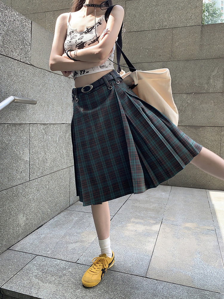 Korean style Preppy Fashion Vintage Plaid Summer Women Midi Skirt High Waist Pleated A-line Temperament Loose Y2K Skirt - reetell