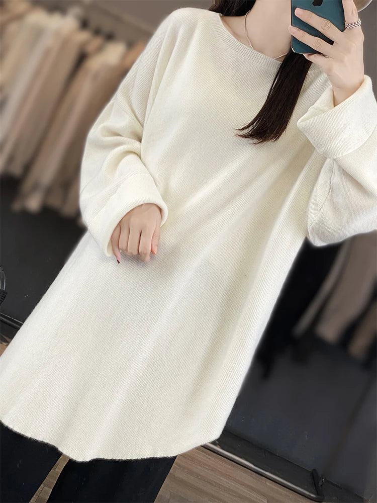 Fashion Women Round Collar Sweater 100% Merino Wool Pullovers Autumn Winter Loose Cashmere Knitwear Female Clothes Korean Tops - reetell