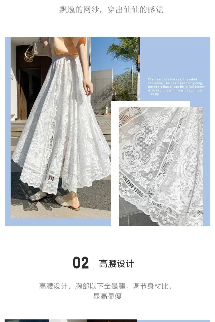 Lace High Waist Skirt Women Faldas Ropa Mujer Casual Loose Summer White Long Skirts Ladies Fashion Jupe Solid Woman Clothes Saia - reetell