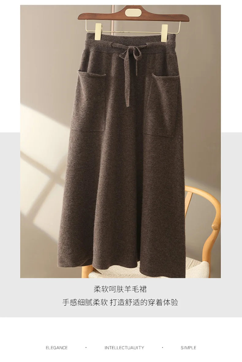 Autumn And Winter100% Pure Wool Skirt Women's Long Pocket Small A Skirt High Waist Slim Cashmere Knit A-Line Skirt - reetell