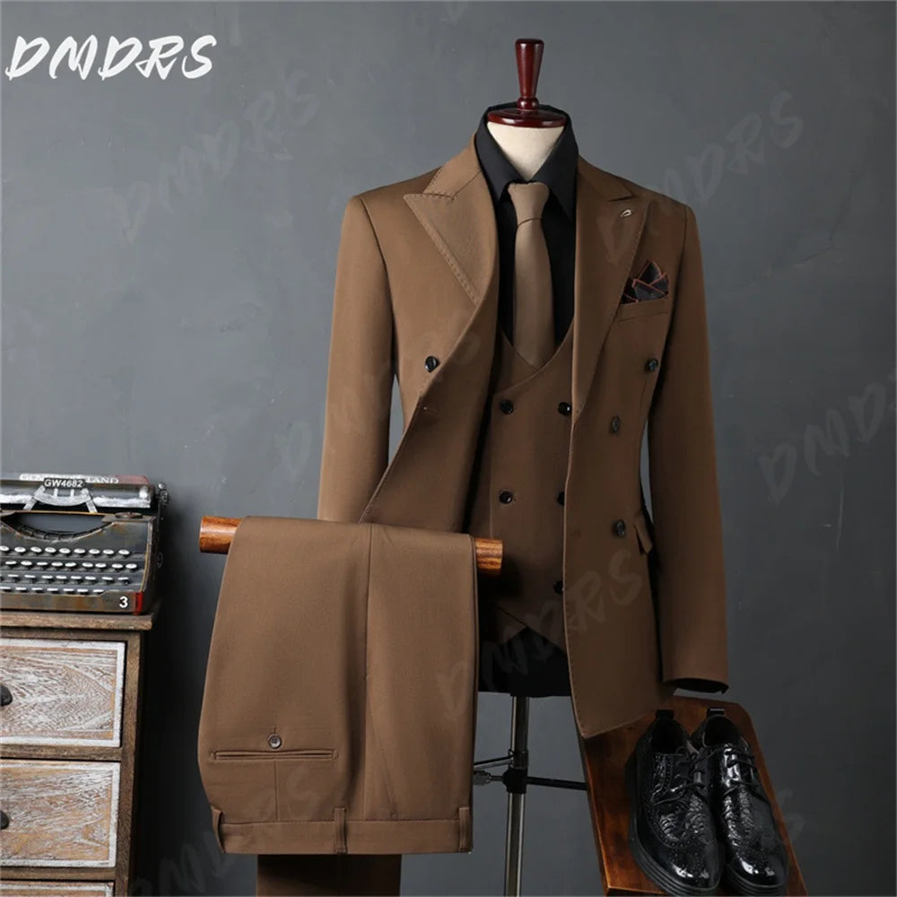 Hot Sale Dark Brown Men's Suit Set 3PCS Jacket Vest Pants For Formal Banquet Event Elegant Groom Suit Set Host Party Suit - reetell