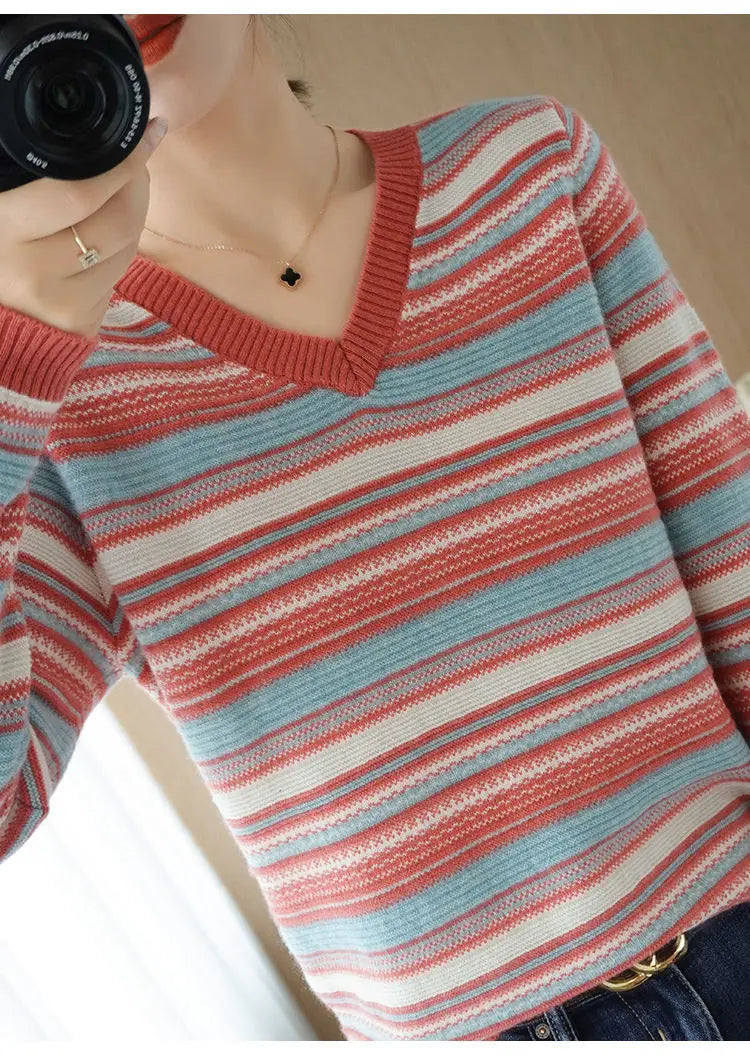 Autumn Winter Elegant Fashion Rainbow Knitting Tops Women All Match Casual Knitwear Long Sleeve Stripe Sweaters Thick Pullover - reetell