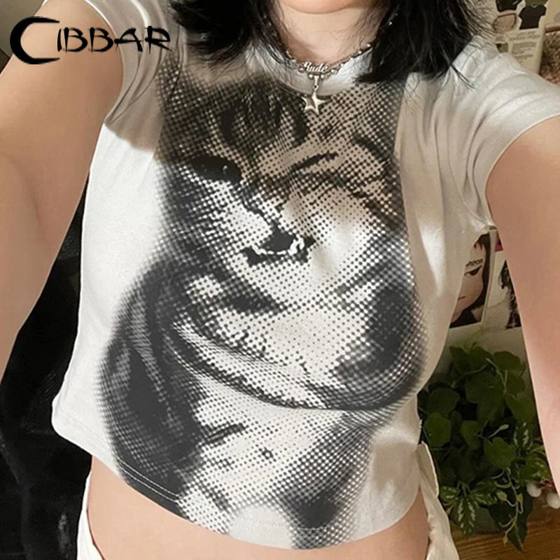 CIBBAR Harajuku Animal Print Crop Top Basic White Short Sleeve Crewneck T-shirt Women Casual Slim-fitting Tees Lady y2k Vintage - reetell