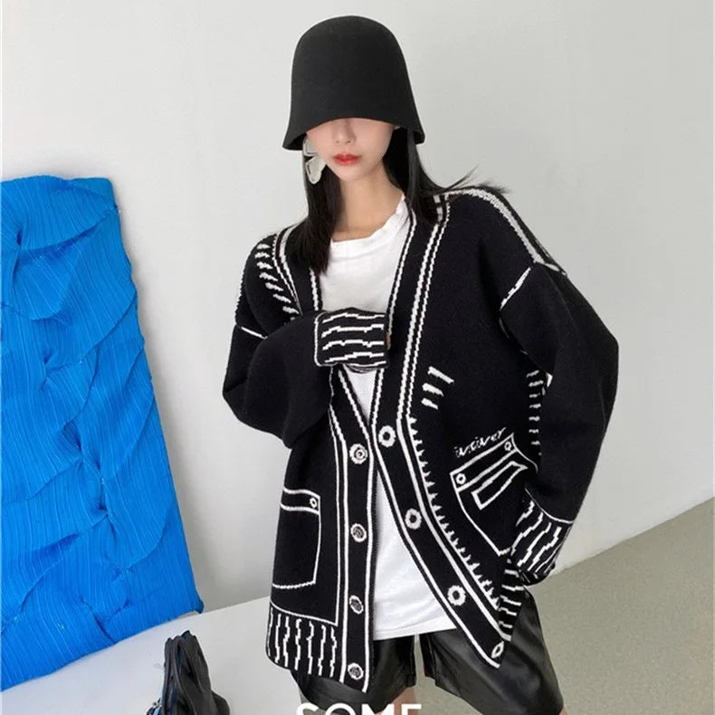 Y2K Cardigan Women Print Graffiti Top Long Sleeve Loose V-neck Sweater Autumn Winter Streetwear Knitted Female Cardigans Coat - reetell