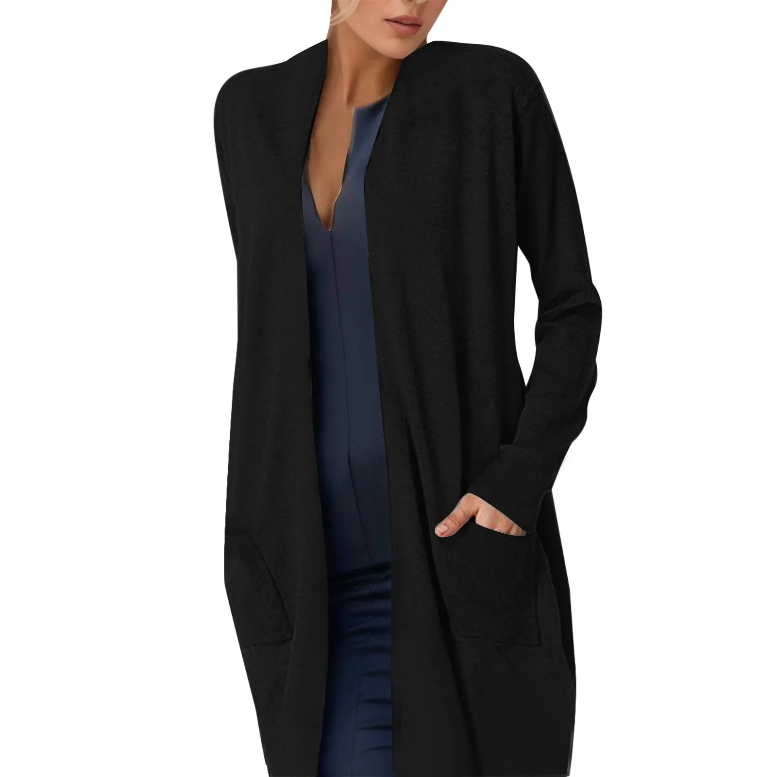 Women'S Fashion Casual Cardigan Long Sleeve Open Front Loose Mid Long Cardigan With Pockets Ladies Black Solid Color Sweather - reetell