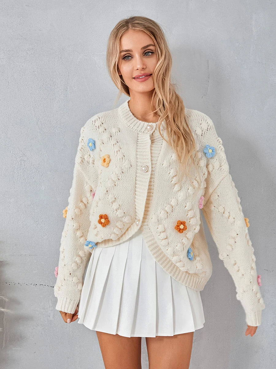 Womens Y2k Cardigan Sweaters 3D Flower Crochet Knitted Bolero Shrug Top Aesthetic Kawaii 90s Jacket Back to College - reetell