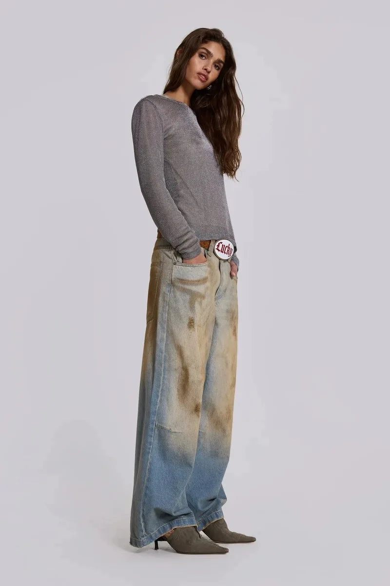 jaded london dirt-dyed blue jeans wide-leg straight-leg Dirtyfit faded old slacks - reetell