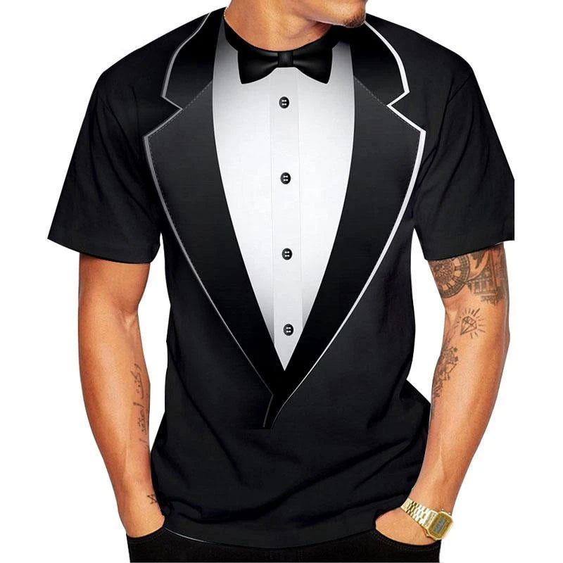 Summer Fashion Bow Tie 3d Printed T-shirt Men's and Women's Casual Short Sleeve Fake Suit Tuxedo Cool Streetwear Shirt