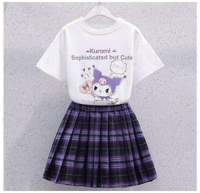 Sanrio New Girls Pleated Skirt T-Shirt Set Kuromi Summer Cute Skirt Set Jk College Style Fashion Clothing Set Holiday Gift - reetell