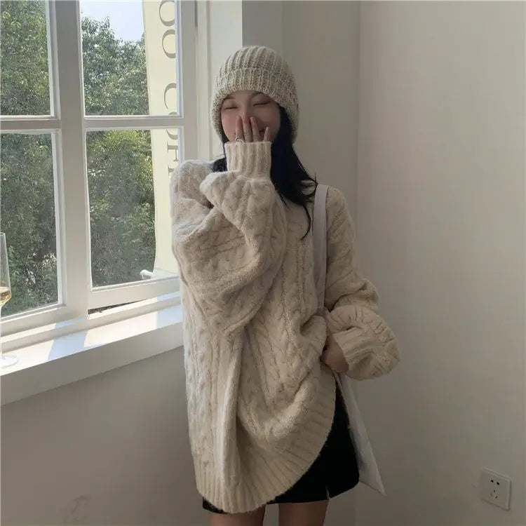 Women's Autumn and Winter Fashion Loose Outer Wear Lazy Style Niche Warm Knit Sweater Top - reetell