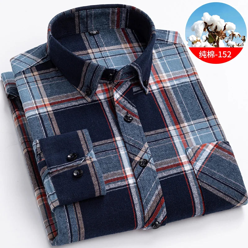 Cotton Mens Checkered Shirts Long Sleeve Soft Plaid Shirt Button Up Regular Fit Leisure Classical Vintage Comfortable Man Tops