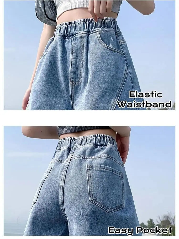 Big Size Denim Shorts Quarter Trousers A Wide Leg Loose High Waist Skinny Students Fattening Women Pocket Splicing Stripe - reetell