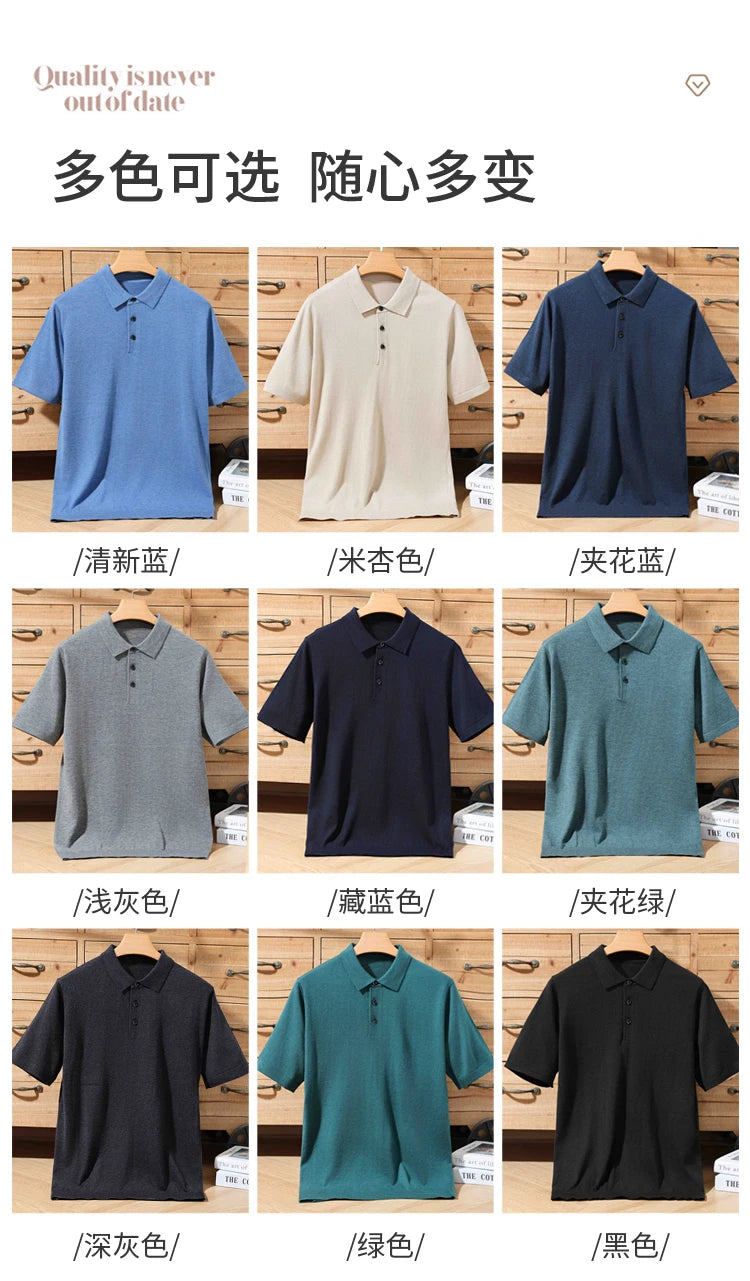 100% merino sweater summer men's lapel pullover short sleeve POLO neck sweater loose top knitted clothing plus size T-shirt