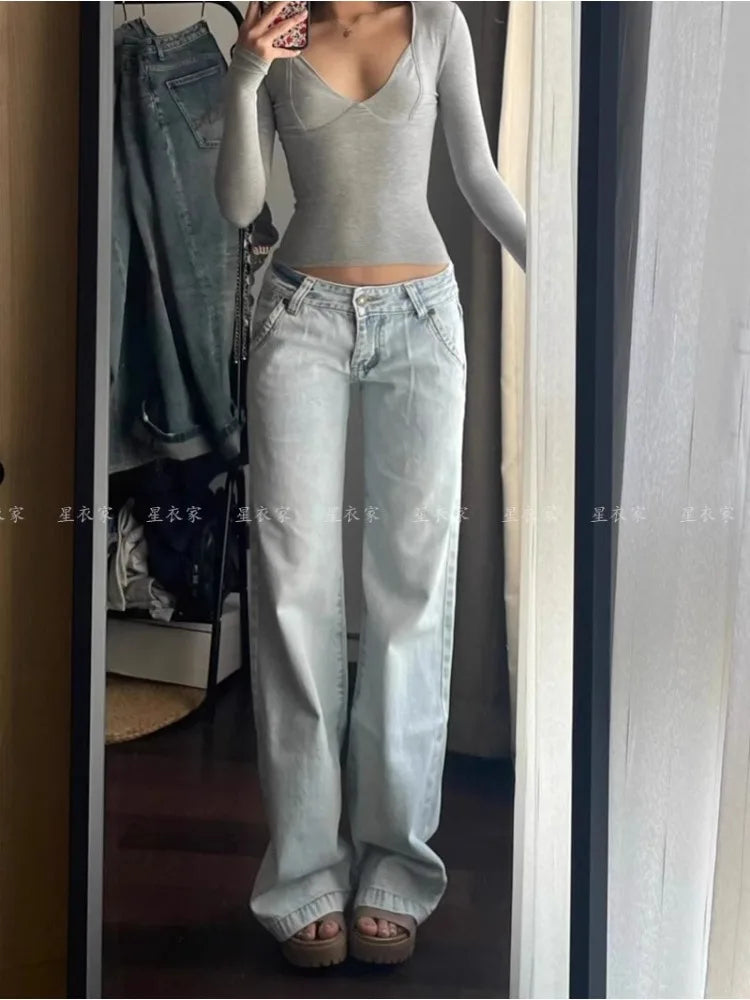 Light Blue Low Waist Jeans Woman Streetwear American Vintage Denim Pants Female Casual Washed Straight Pantalons Mujer Fall 2024 - reetell