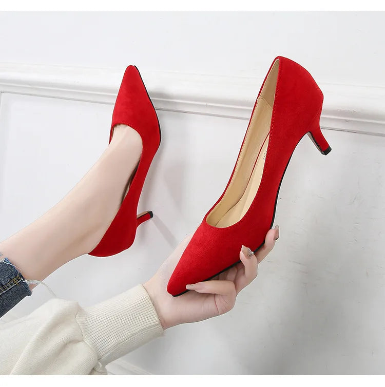 Low Heel Pumps Lady Pointed Toe Kitten Heels Female Green Flock Plus Size 43 44 45 46 Red Shoes 2023 Women 5cm High Heels