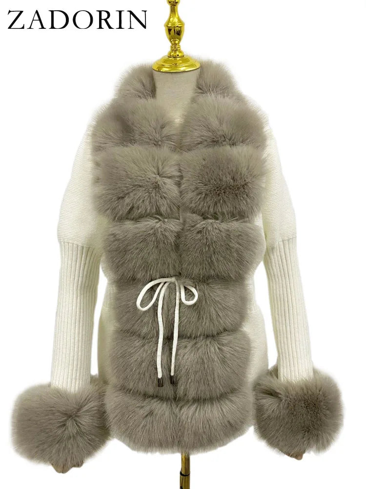 ZADORIN Luxury Fur Cardigan Knit Winter Sweater Women Elegant Detachable Fur Belt White Pink Black Womens Cardigan Korea Style - reetell