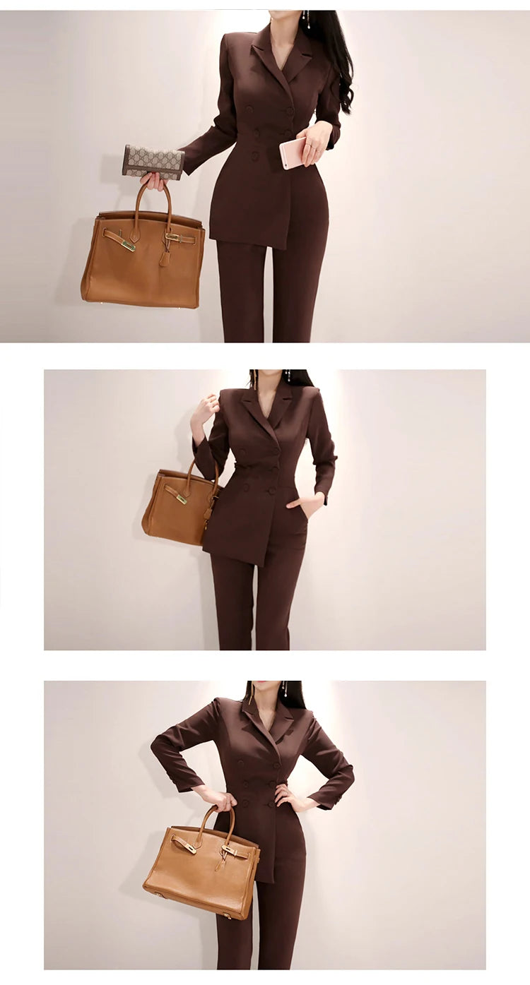 Fashion Elegant Long Jumpsuit Women Professional Chic Notched Collar Double Breasted Pockets Pants Mujer Slim Romper Office Lady