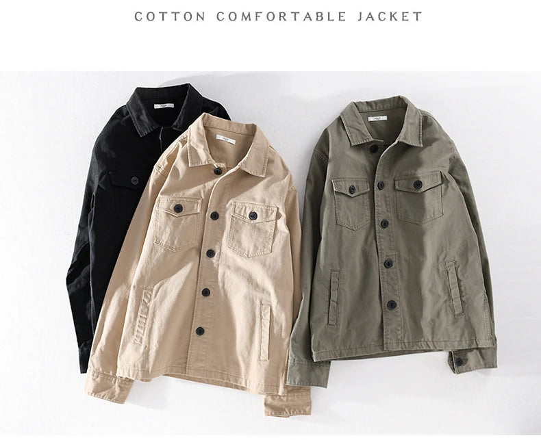 100% Cotton Tooling Japanese Jacket, New Coat Men's Long Sleeve Khaki Shirt, Casual Cotton Comfortable Thick Shirt camping - reetell