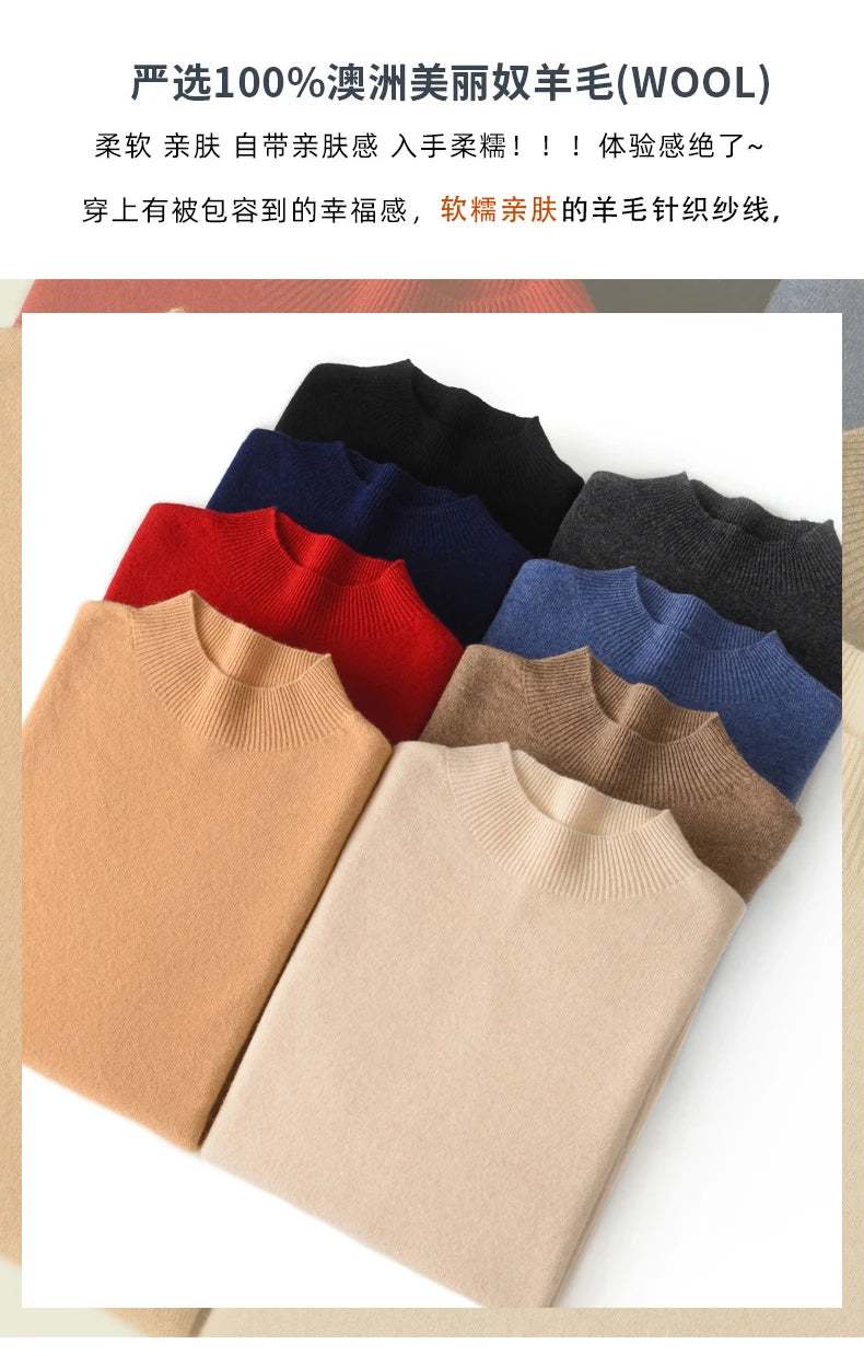 Spring Autumn 100% Merino Wool Pullover Sweater Cashmere Knitwear Men Mock-Neck Long-sleeve Basic Clothing Grace Tops - reetell