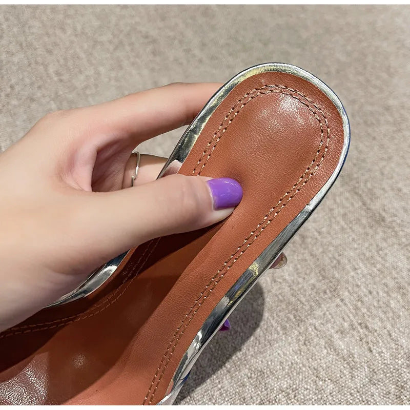 Big size 35-45 Rhinestones Bowknot Transparent PVC Women Slippers Elegant High heels Summer Shoes Sandals Fashion  Mules Slides