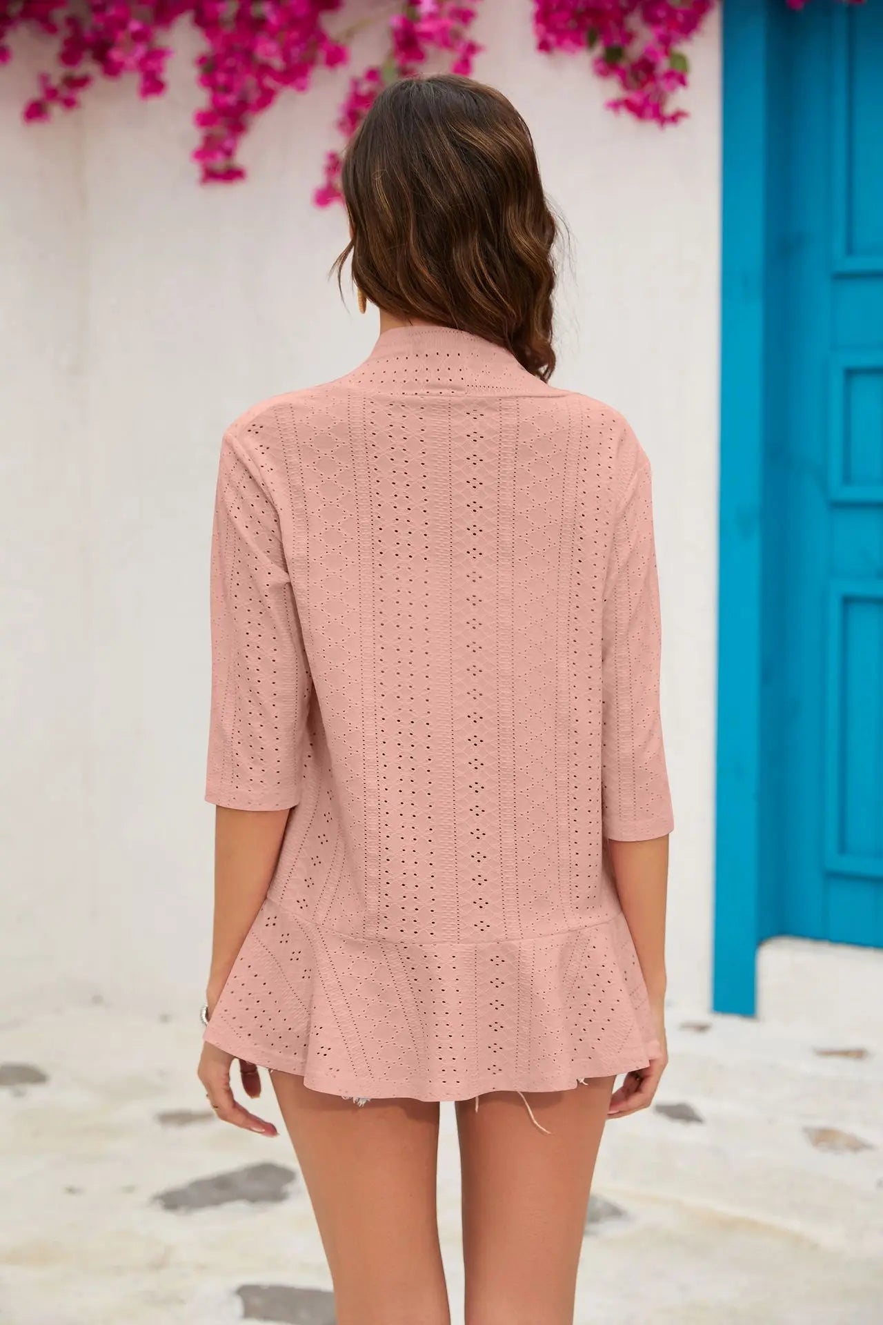 2024 Summer Fashion Ladies Hollow Out Cardigan Boho Tops Women Beach Outwear Casual Three Quarter Sleeve Sunscreen Shirt - reetell