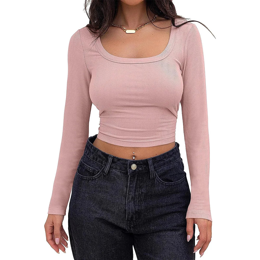 Women's Long Sleeve Square Neck Crop Top Ribbed Slim Fitted Y2K Casual T-Shirt Tops - reetell