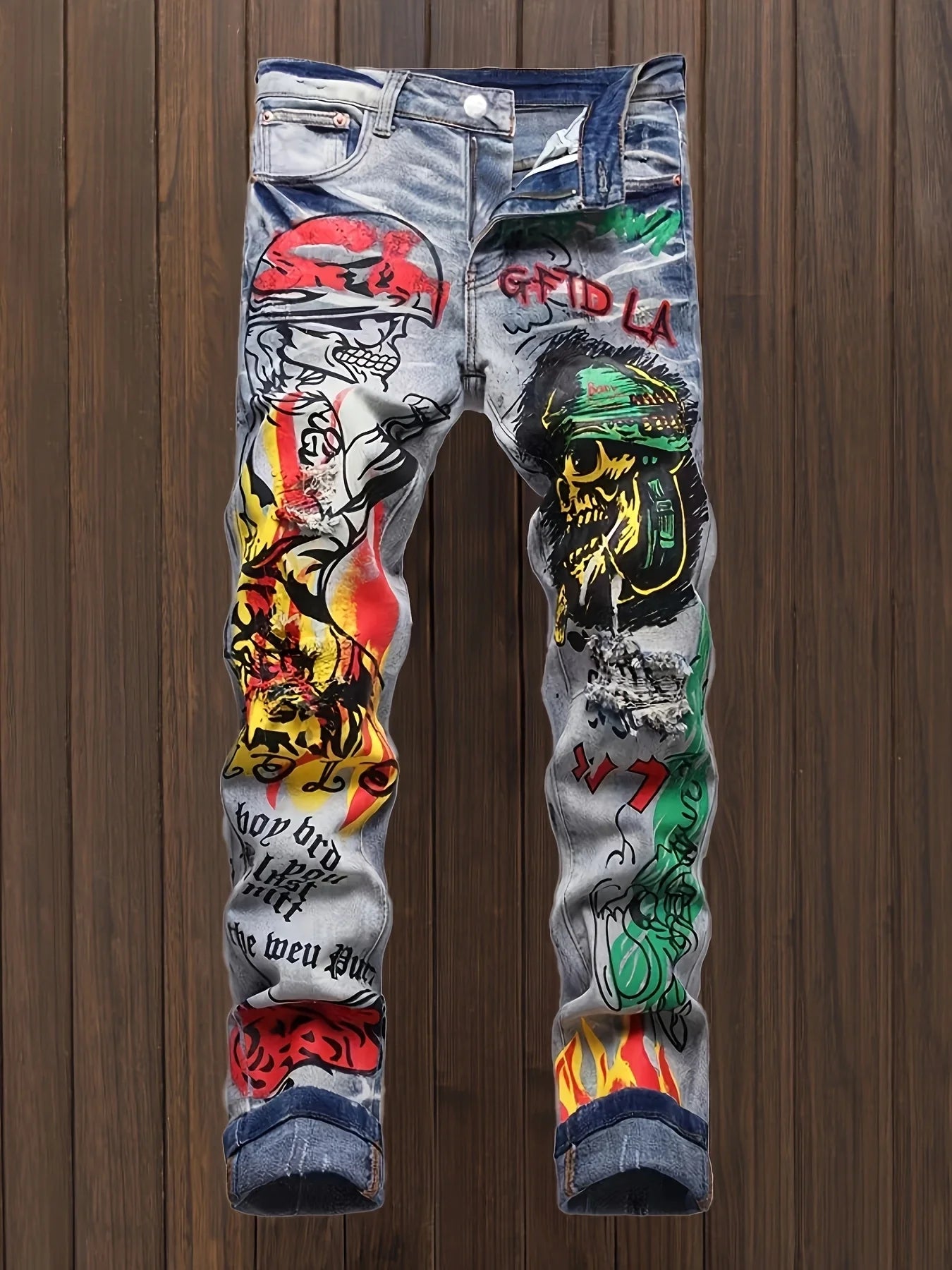 Men's Vintage Style Jeans European and American printed graffiti distressed washed and distressed jeans For Males - reetell